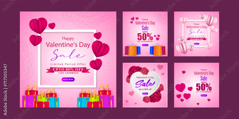 Vector illustration of Happy Valentines Day Sale social media feed set template