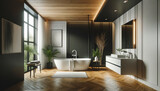 modern bathroom interior with a white bathtub and chic vanity. The bathroom has black walls that contrast strikingly