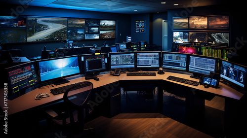 Empty interior of big modern security system control room, Engineer looking to work in the electrical control room, monitoring room with at security data center Empty office, desk, Generative Ai