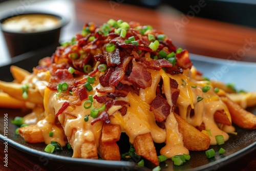 Loaded French fries with crispy bacon cheese sauce and spring onion