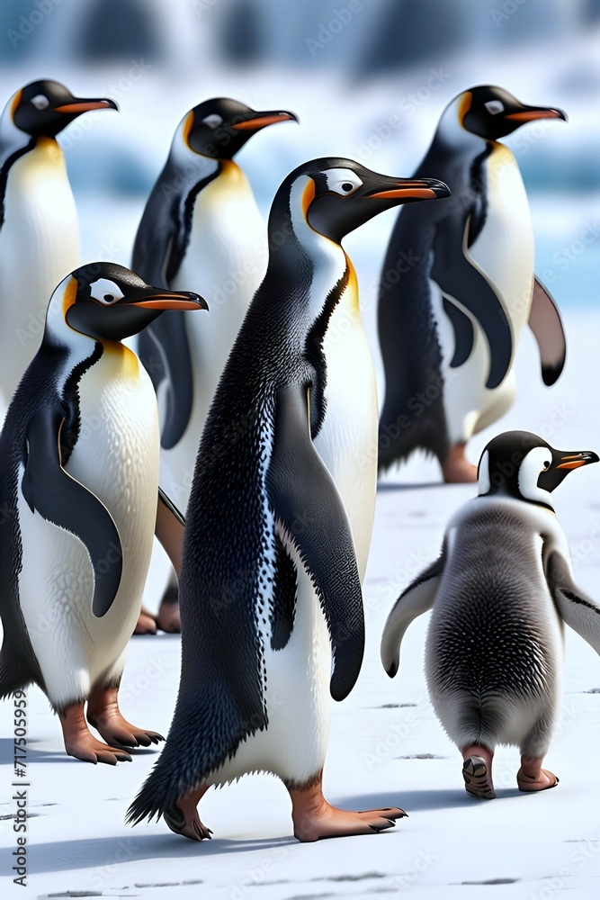 Fototapeta premium A group of penguins is walking together in glacier island