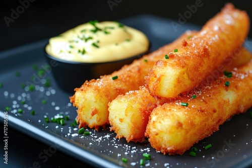 Creamy cheddar cheese and melted cheese on fried potato sticks photo