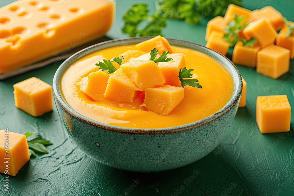 Delicious cheddar sauce with cheese cubes on a green backdrop