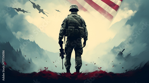 Soldier and USA flag on sunrise background . Veterans Day, Veterans day poster. Veteran's day illustration with american flag, 11th November, Vector illustration,  Veterans Day, Generative Ai photo