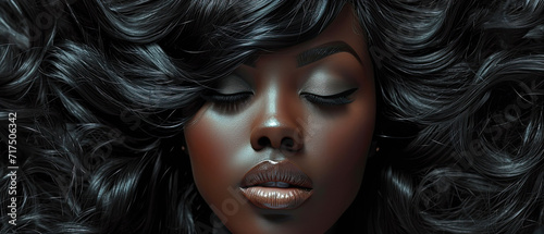 Black woman with curly black hair and make up on.  African American abstract art, in a high fashion glamor style.