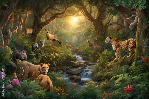 Dangerous Wildlife day Lions and Tigers Predators in a beautiful Jungle Rainforest forest scene