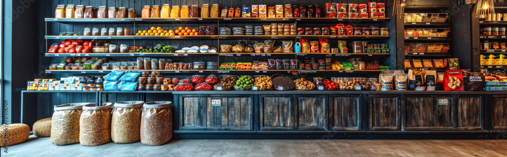 Shelves with different products in grocery store, panoramic banner
