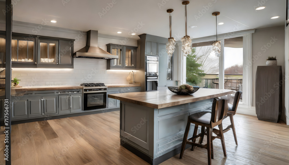 Beautiful kitchen detail in new luxury home. Features island, pendant lights, hardwood floor. Generative AI. Beautiful kitchen detail in new luxury home. Features island, pendant lights, hardwood floor. Generative AI.