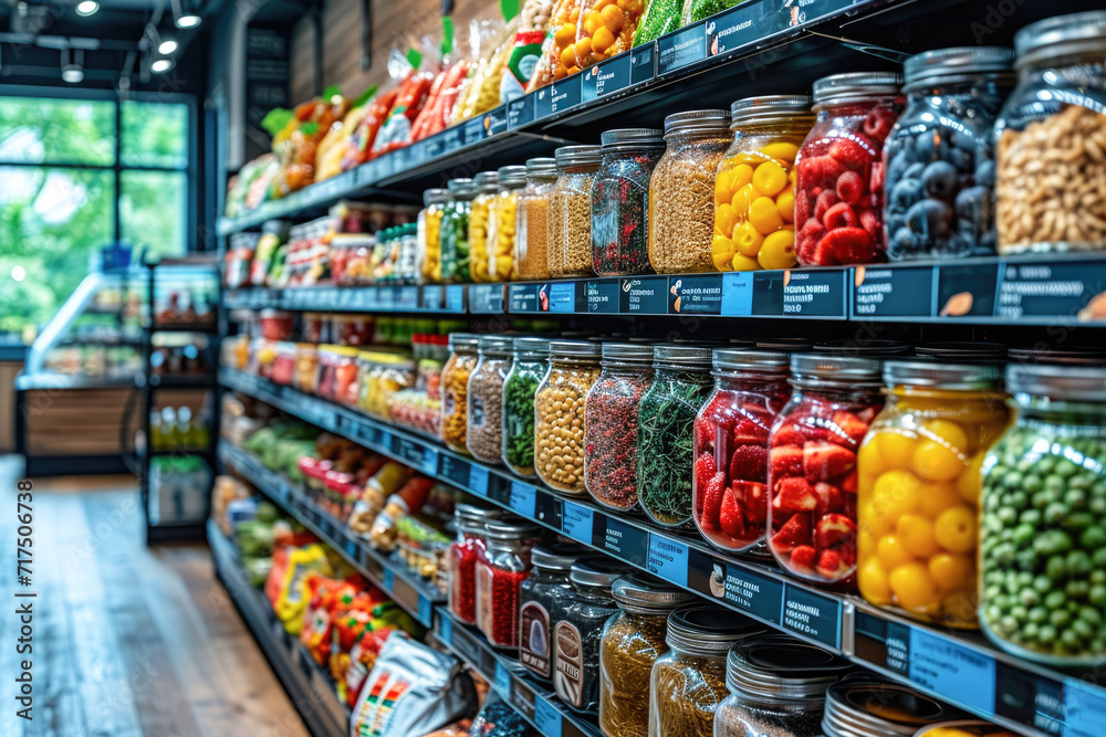 Jars with variety of fruits and vegetables on shelves in grocery store