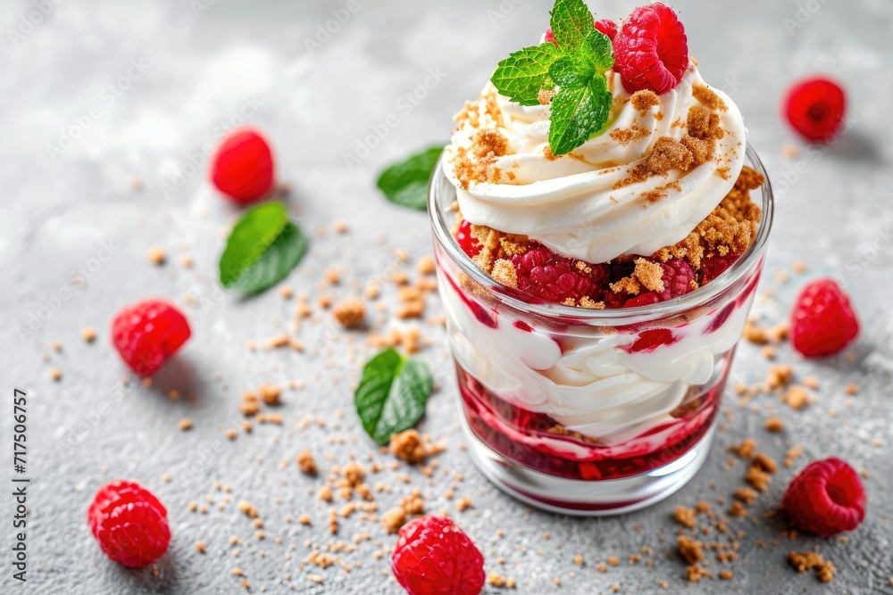 Summer diet dessert in a glass with raspberry trifle cream berry sauce crumbs and mint leaves on a concrete background Summer diet dessert in a glass with raspberry trifle cream berry sauce crumbs and mint leaves on a concrete background