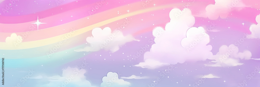 rainbow unicorn colorful background. Pastel watercolor sky with glitter stars and bokeh. Fantasy galaxy with holographic texture.kawaii abstract space with stars and sparkle