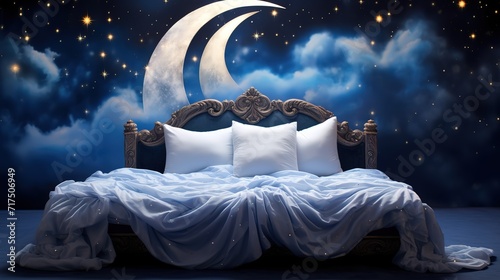 A bedroom decorated with clouds and a crescent moon shining beside it. generative AI photo