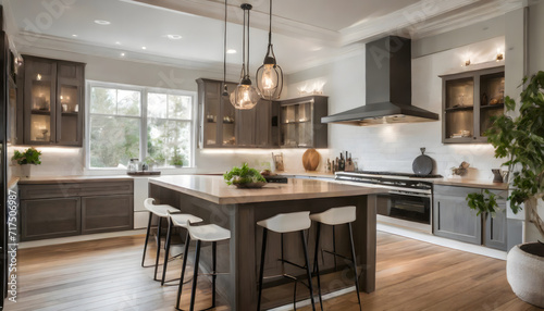 Beautiful kitchen detail in new luxury home. Features island, pendant lights, hardwood floor. Generative AI. photo