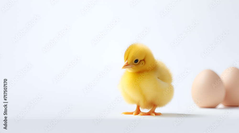 small yellow chicken in a shell on a yellow background. postcard with copy space, easter concept, Adorable little yellow chicken standing on the color background, Generative AI