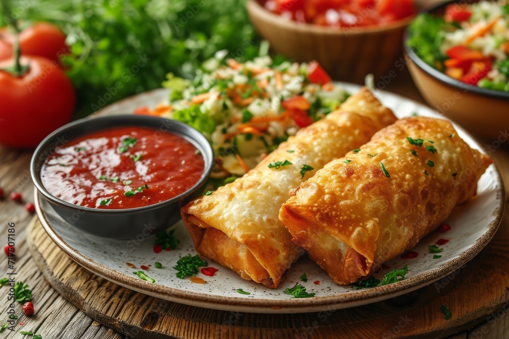 Delightful Chinese Fried Spring Rolls: Three Crispy Spring Rolls on a White Plate, Served with a Tempting Red Dipping Sauce and Fresh Salad, Isolated on a Wooden Background, Generative AI Delightful Chinese Fried Spring Rolls: Three Crispy Spring Rolls on a White Plate, Served with a Tempting Red Dipping Sauce and Fresh Salad, Isolated on a Wooden Background, Generative AI