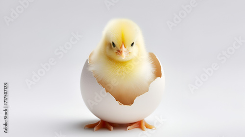 small yellow chicken in a shell on a yellow background. postcard with copy space, easter concept, Adorable little yellow chicken standing on the color background, Generative AI