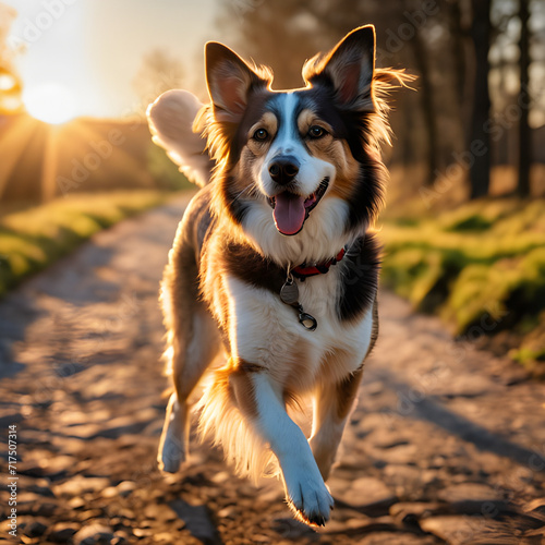 dog enjoying evening sun walk