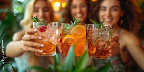 A Joyful Holiday Brunch: Four Friends Toasting with Mixology Cocktails in a Festive Atmosphere, with the Background Blissfully Out of Focus, Generative AI