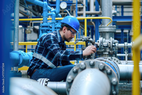 Industrial worker working on a gas pipeline at a power plant.