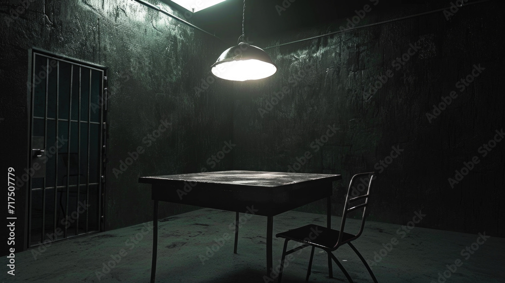 Dark, gritty interrogation room with single bright light overhead - obrazy, fototapety, plakaty 