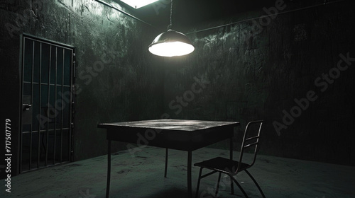 Dark, gritty interrogation room with single bright light overhead photo