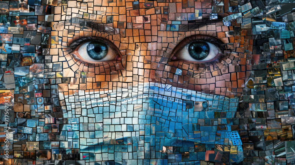 Mosaic illustration of the close-up of a brave female nurse with piercing eyes wearing a mask - obrazy, fototapety, plakaty 