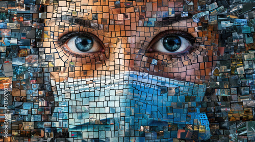 Mosaic illustration of the close-up of a brave female nurse with piercing eyes wearing a mask photo