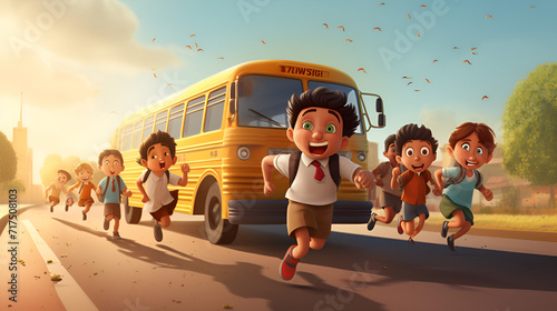 Classmates running to school bus back view late, Schoolchildren kids pupils group of mixed-race, School bus, Generative AI