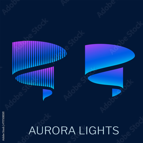 Northern aurora lights in the sky in blue and purple color. Logo symbol with natural lights in Alaska and cold areas in winters. Beautiful colorful abstract illustration of glowing borealis at nights.