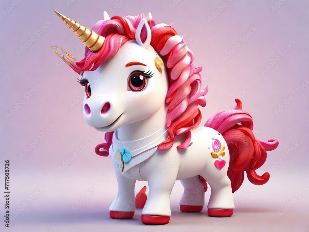 Divine little white unicorn mascot with golden horn, no wings, pink mane, pink tail and big eyes, 3D
