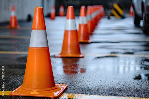 Cone separates parking route with traffic warning