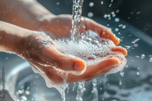 Hand hygiene with soap under flowing water tap to prevent spreading of coronavirus in public washroom