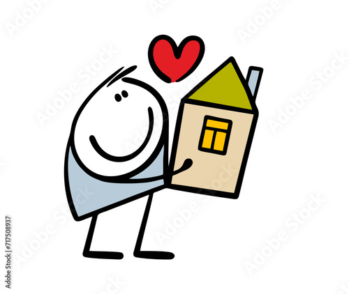 Happy owner hugs small house. Cartoon boy holding toy with heart and love. Vector illustration of real estate and cozy home. Isolated hand drawn character and doodle building on white background.