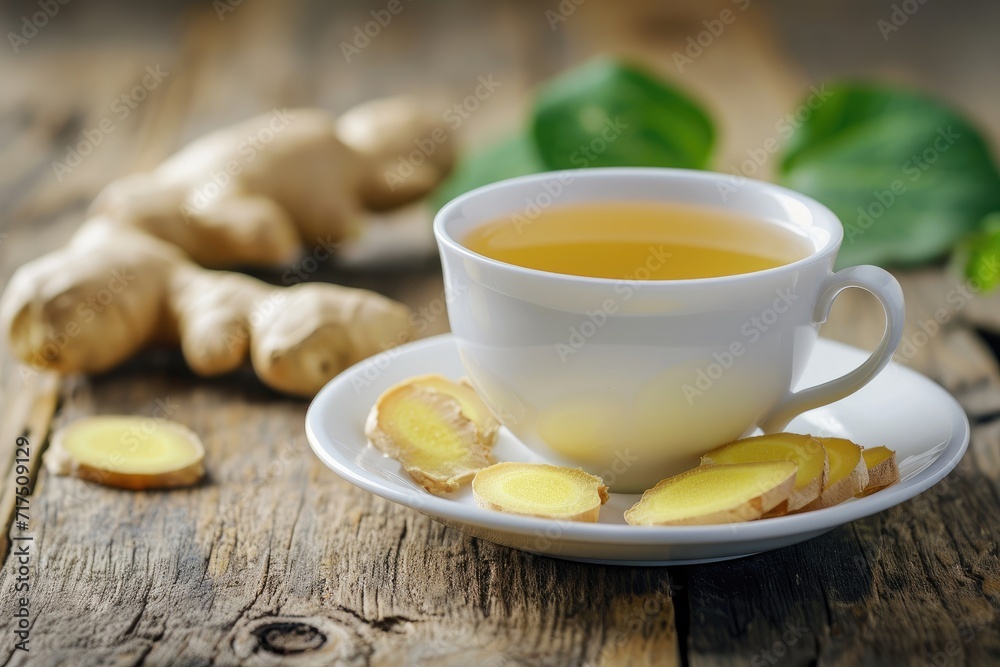 White cup beside a wooden background holding ginger tea White cup beside a wooden background holding ginger tea