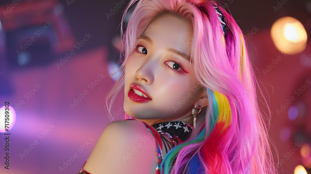 beautiful kpop idol with colourful hair performing on stage beautiful kpop idol with colourful hair performing on stage