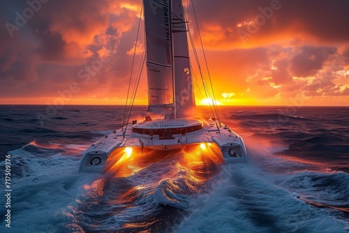 Sailing Into the Sunset: A Majestic Yacht Cuts Through Golden Waves Under a Fiery Sky, Embracing the Spirit of Ocean Adventure, Generative AI