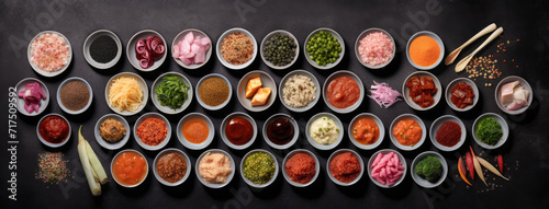 Top view of korean food assorment in ceramic bowls on dark background. Variety of asian dishes on dark gray textured surface. Generative AI. photo
