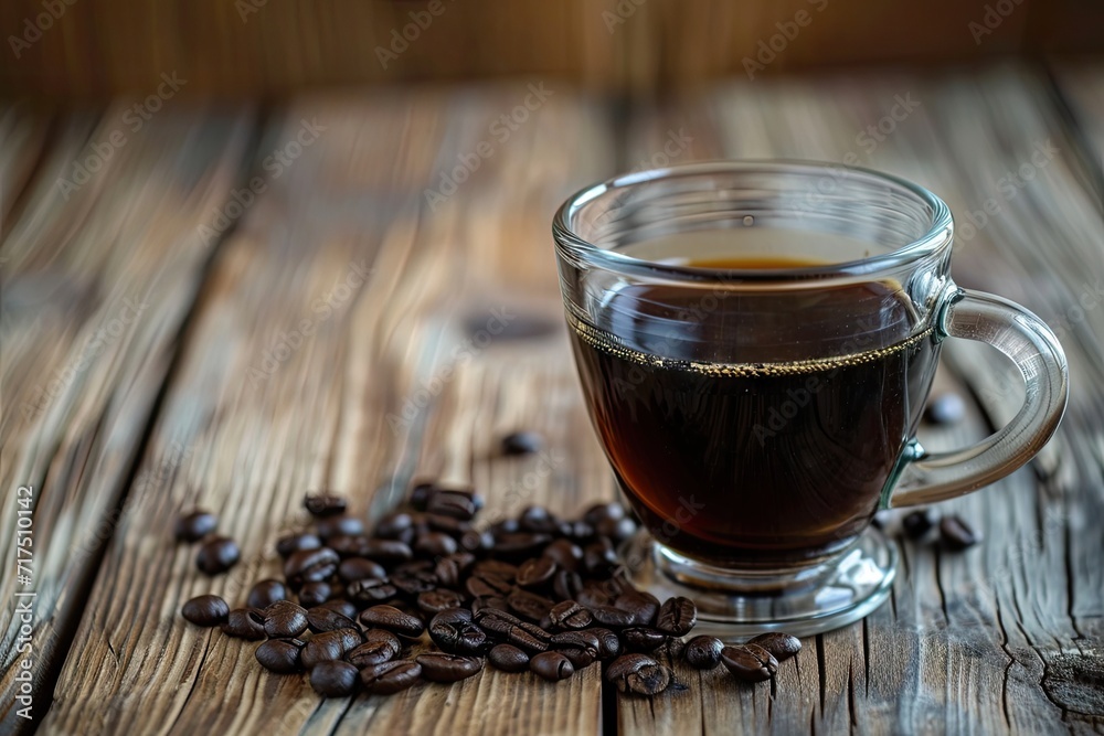 Black coffee in glass cup with coffee beans on wood table Black coffee in glass cup with coffee beans on wood table