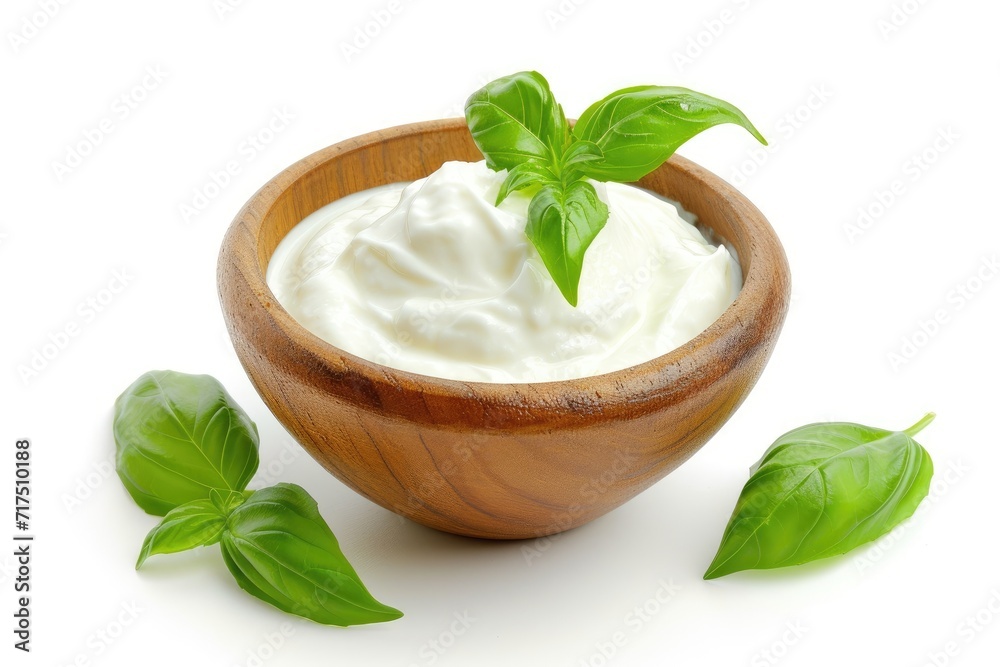 Sour cream and basil leaves in wooden bowl isolated on white background Sour cream and basil leaves in wooden bowl isolated on white background