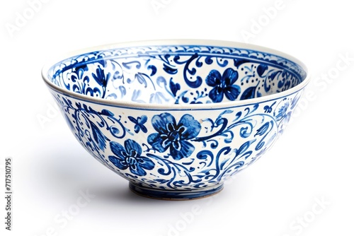 Blue painted bowl isolated on white background flat lay