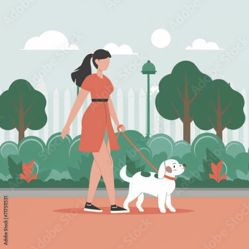 Cartoon background of a woman walk with puppy in the forest, Trees, Grass - illustration for children