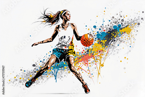 Young woman basketball player with ball. Abstract grunge background. Girl playing basketball. 
