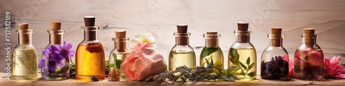 Natural floral and herbal perfume, a row of perfume bottles placed on the table