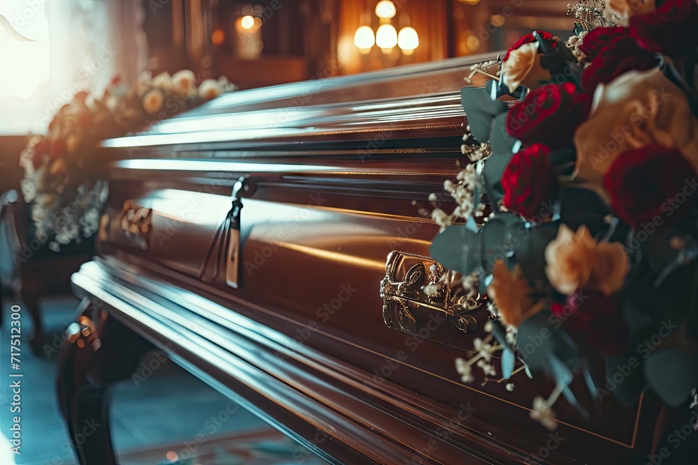 Close up of a coffin in a hearse chapel or cemetery burial - obrazy, fototapety, plakaty 