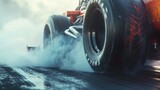 A slowmotion closeup of a dragsters tires spinning rapidly creating a cloud of smoke.