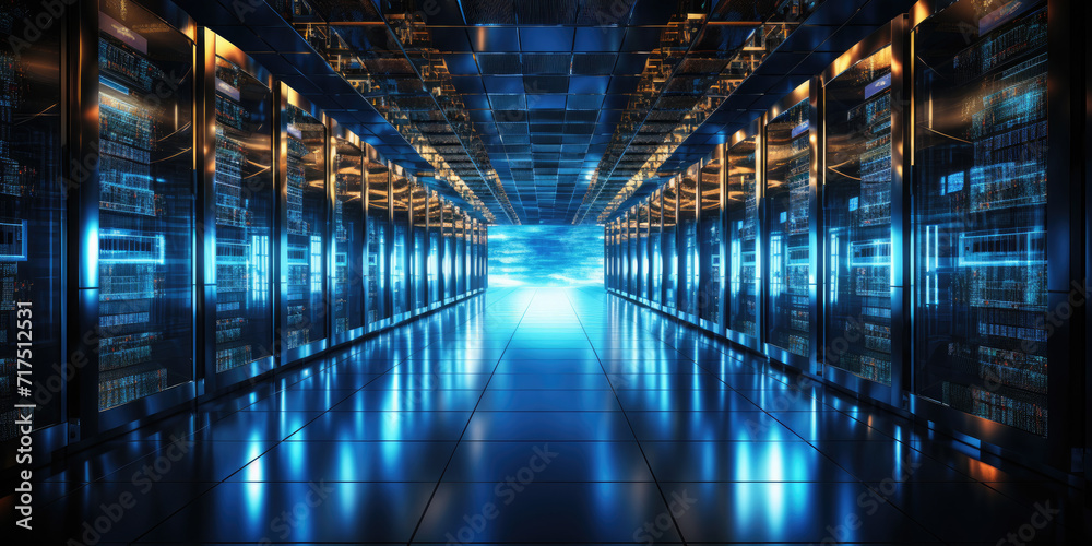 Shot of Data Center With Multiple Rows of Fully Operational Server Racks. Modern Telecommunications, Cloud Computing, Artificial Intelligence, Database, Super Computer Technology Concept. Shot of Data Center With Multiple Rows of Fully Operational Server Racks. Modern Telecommunications, Cloud Computing, Artificial Intelligence, Database, Super Computer Technology Concept.