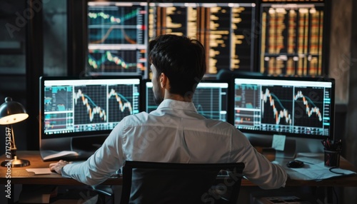 Male trader using a laptop and multiple monitors to analyze stock market data. Businessman analyzing stock market data on computer screens.