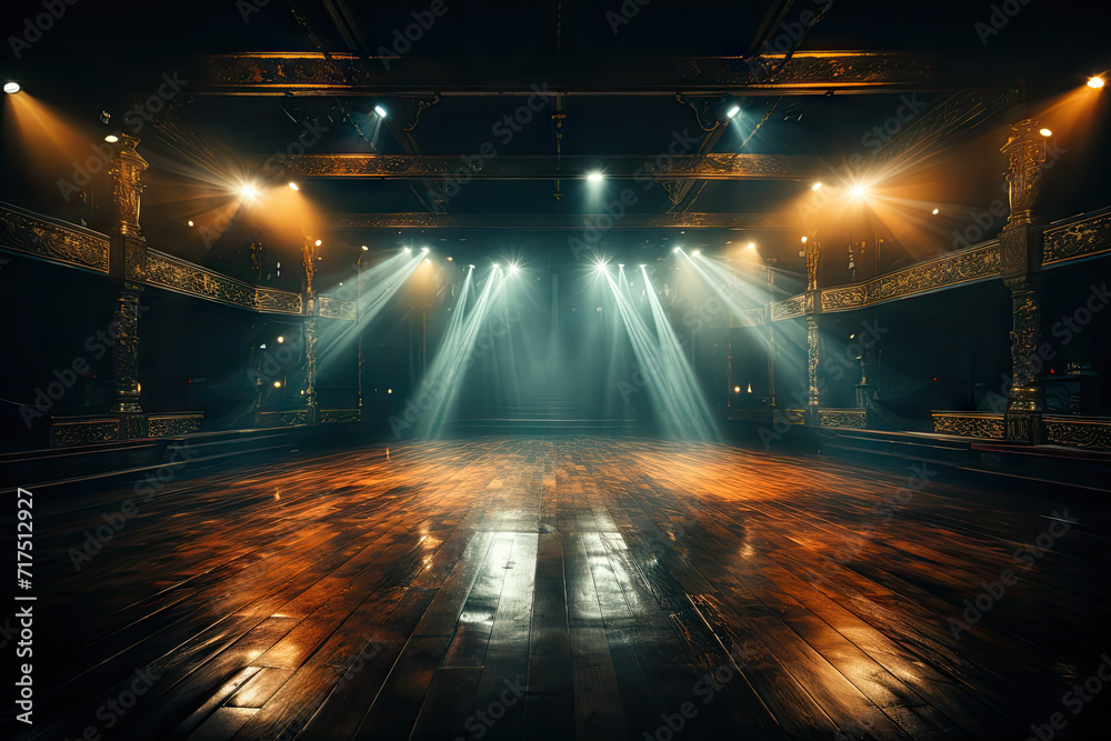 empty theater stage with light orange and dark emerald spotlights,for opera performance. Stage lighting. Empty stage with bright colors backdrop decoration. Entertainment 