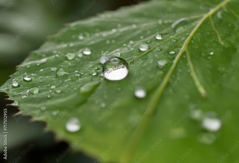 Large beautiful drops of transparent rain water on a green leaf macro. Drops of dew in the morning glow in the sun. Beautiful leaf texture in nature. Natural background Large beautiful drops of transparent rain water on a green leaf macro. Drops of dew in the morning glow in the sun. Beautiful leaf texture in nature. Natural background