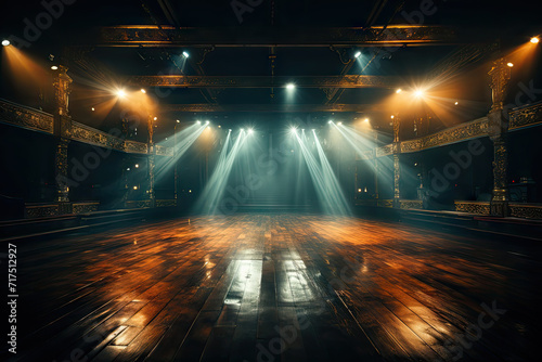 empty theater stage with light orange and dark emerald spotlights,for opera performance. Stage lighting. Empty stage with bright colors backdrop decoration. Entertainment